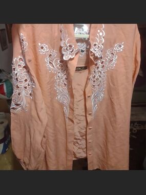Bob Mackie Silk Salmon Blouse with White Embroidered Floral Accents And A Tank